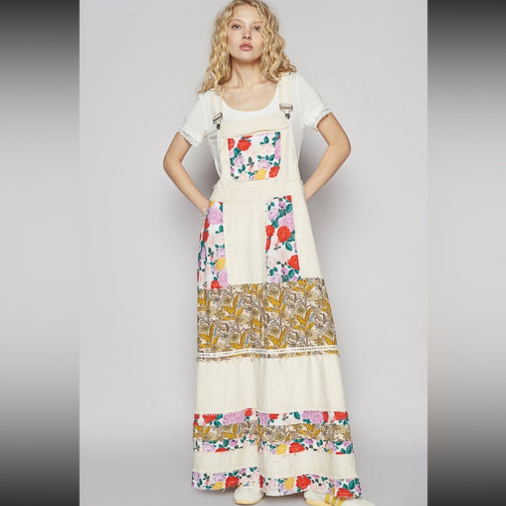 POL Mixed Print Patchwork Overall Dress in Oatmilk - Picture 3 of 11